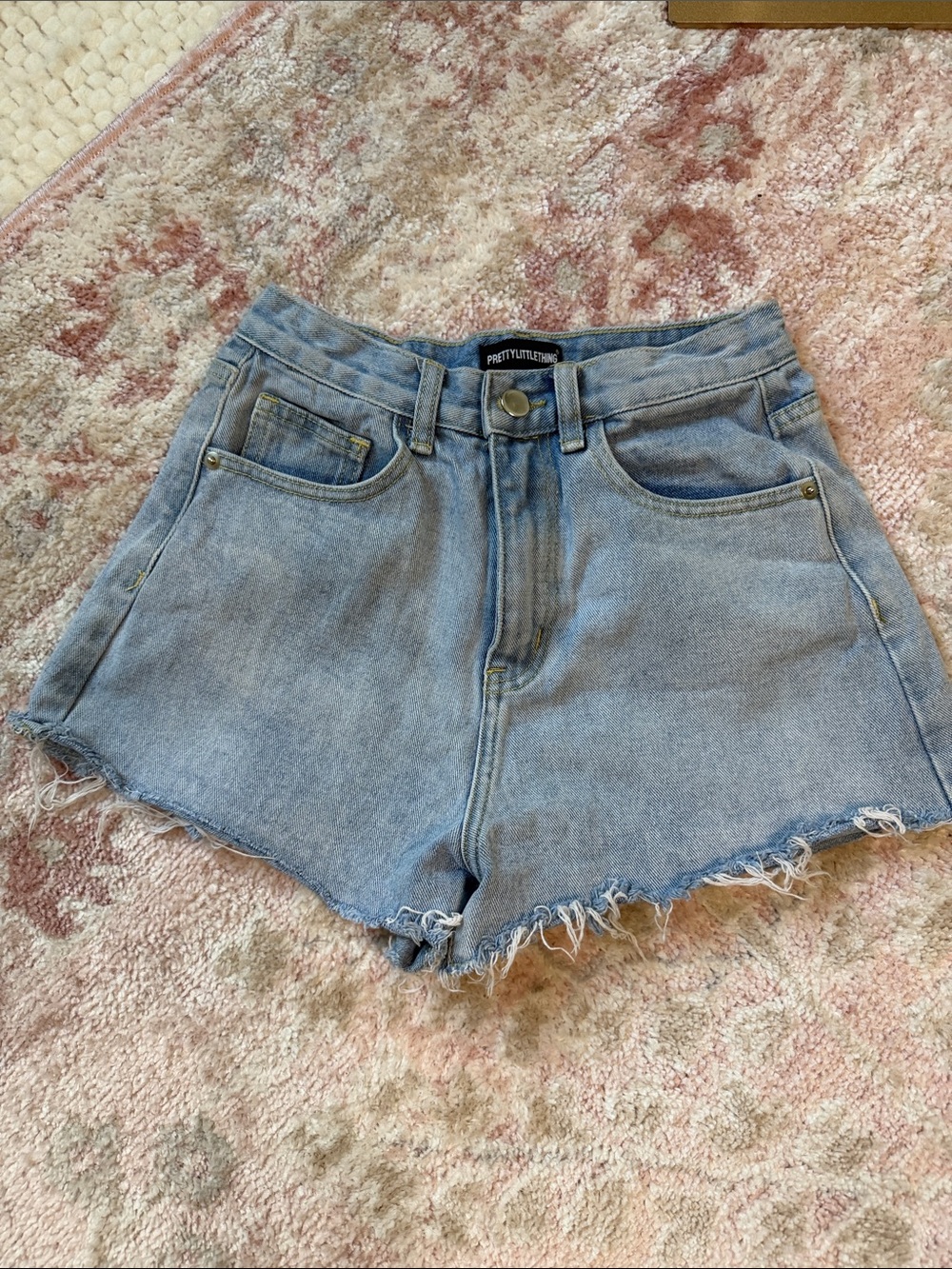 PrettyLittleThing Washed Blue High Rise Frayed Denim Shorts